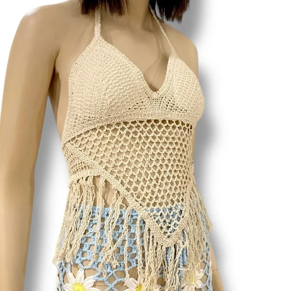 Boho Beige Crochet Fringe Halter Top OS NWT
